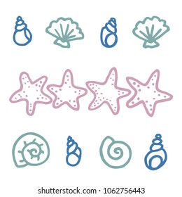 Set of different freehand drawn cartoon sea ocean starfishes river shells of different shapes made in kid childish style. Marine oceanic water objects. Vector illustration. 