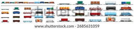 Set of different freight train transport vehicles. Railway cargo wagons and locomotives collection. Industrial logistics concept for shipping.