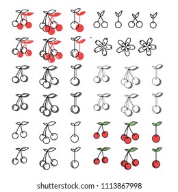 Set of different fresh cherries digital icons. White background. Vector illustration. Nature sketch. Geometrical grid.