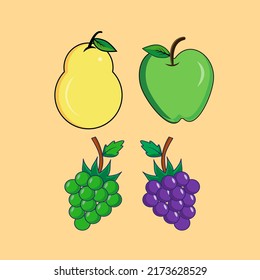 Set of different fresh fruits. Pear, Apple and grapes. A set for a logo or an icon. Vector illustration on a white background.