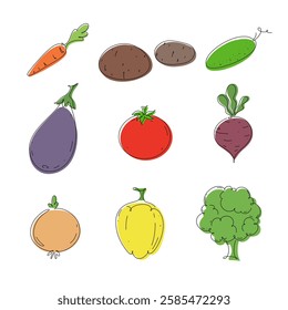 A set of different fresh vegetables. Color illustration, hand-drawn, isolated on white, vector. Graphic simple drawing of healthy, raw, organic food. A delicious bright element for decoration, menu