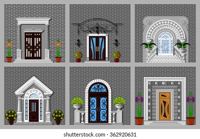 Set of different front doors on brick wall background