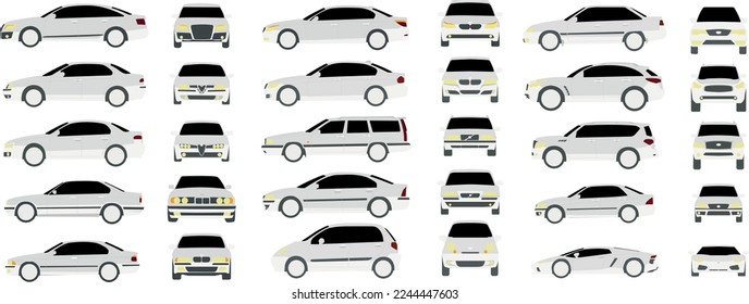 Set of different front and side cars in realistic design isolated on white background