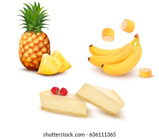 Set of different fruit and desert. Pineapple, banana and cheesecake. Vector.