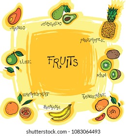 Set of different fruit kinds with their names. Vector illustration.