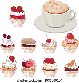 Set with different fruit muffins and cup of coffee cappuccino. Objects isolated on white background. Illustration can be used for restaurants and cafe menu.