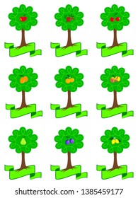 Set of different fruit trees with ripe fruits and roots isolated on white background. Sign for juice, jam, marmalade. Garden trees collection vector illustration.