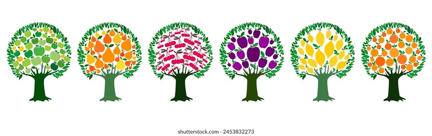Set of different fruit trees with ripe fruits isolated on white background. Harvest time. Collection of fruit orchard trees isolated on White background. Apple, pear, cherry, plum, lemon, orange.
