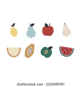 Set of Different Fruit - Whole and Cut - with a Flat Styling 