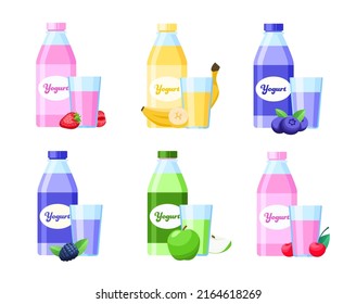 Set of different fruit yogurts in bottle and glass in flat cartoon style. Pink , yellow, purple, green yogurt vector illustration.