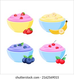 Set of different fruit yogurts in bowls in cartoon flat style. Set of yogurts with fruits. Collection of different fruit creams. Banana, strawberry, blueberry, cherry.