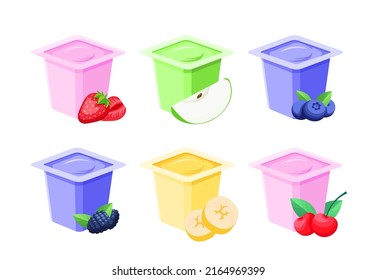 Conjunto de diferentes yogur de fruta en tazas de caricatura plana. Ilustración vectorial de latas de yogur rosas, amarillas, violetas y verdes.