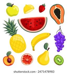 Set of different fruits and berries. Bright cartoon vector flat cliparts for summer design