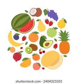 Set of different fruits and berries in circle shape. Natural tropical fruits. Organic, vegetarian food. Healthy eating. Vector flat illustration isolated on white background 