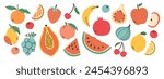 Set of different fruits and berries. Collection of organic vitamins and healthy nutrition. Watermelon, banana, peach