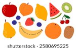Set of different fruits and berries. Collection of organic vitamins and healthy nutrition. Banana, apple, orange, lemon, kiwi, peach, watermelon. Flat Vector illustration isolated on white background