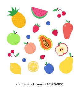 A set of different fruits and berries. Collection of organic vitamins and healthy nutrition. Watermelon, pineapple, apple, mango, strawberry. Color flat vector illustration isolated on a white backg