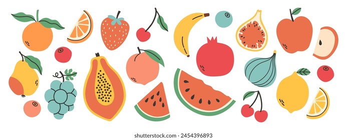 Set of different fruits and berries. Collection of organic vitamins and healthy nutrition. Watermelon, banana, peach