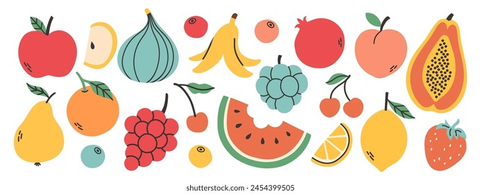 Set of different fruits and berries. Collection of organic vitamins and healthy nutrition. Watermelon, banana, peach