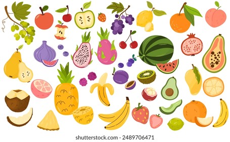 Set of different fruits and berries. Collection of organic vitamins and healthy nutrition. Watermelon, pineapple, bananas and avocado. Flat vector illustration isolated on white background