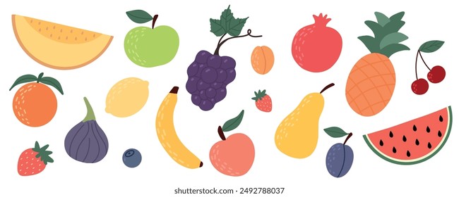 Set of different fruits and berries. Collection of organic vitamins and healthy nutrition. Watermelon, banana, pomegranate, apple, peach, grape, lemon, pineapple.