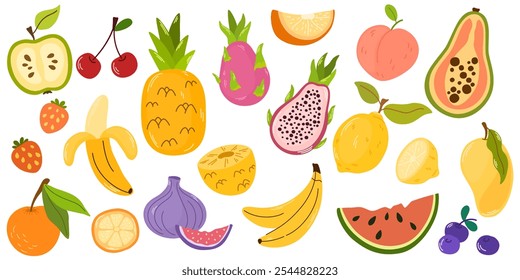 Conjunto de diferentes frutas e bagas. Coleção de vitaminas orgânicas e nutrição saudável. Melancia, abacaxi, banana e cereja. Ilustração vetorial plana colorida isolada sobre fundo branco