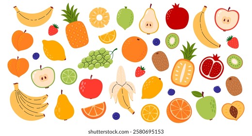 Set of different fruits and berries. Collection of organic vitamins and healthy nutrition. Banana, pineapple, mango, pomegranate, kiwi, melon, peach, watermelon. Flat Vector illustration