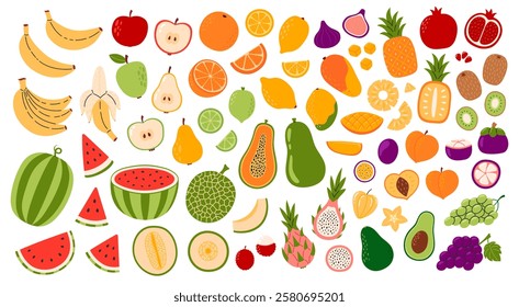 Set of different fruits and berries. Collection of organic vitamins and healthy nutrition. Banana, apple, orange, lemon, pineapple, mango, watermelon. Flat Vector illustration isolated