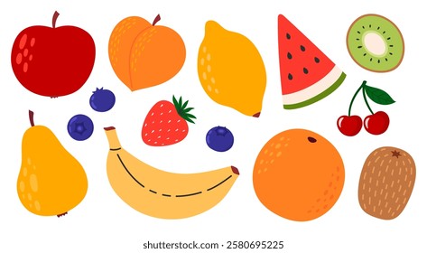 Set of different fruits and berries. Collection of organic vitamins and healthy nutrition. Banana, apple, orange, lemon, kiwi, peach, watermelon. Flat Vector illustration isolated on white background