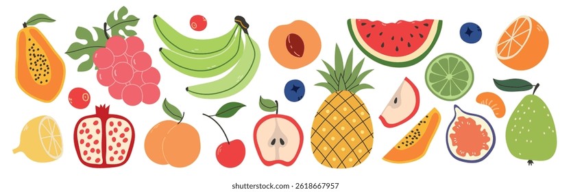 Set of different fruits and berries. Collection of organic vitamins and healthy nutrition. Isolated banana, watermelon, peach, apple, lemon, cherry, pear, grapes. Flat design, doodle style. Vector