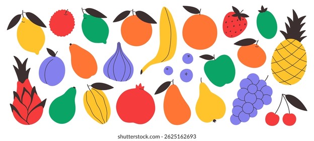 Set of different fruits and berries. Collection of organic vitamins and healthy nutrition. Vector illustration in modern abstract minimal style