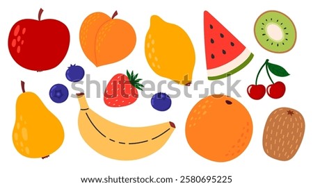 Set of different fruits and berries. Collection of organic vitamins and healthy nutrition. Banana, apple, orange, lemon, kiwi, peach, watermelon. Flat Vector illustration isolated on white background