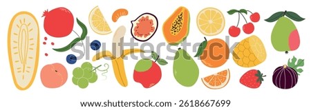 Set of different fruits and berries. Collection of organic vitamins and healthy nutrition. Isolated banana, watermelon, peach, apple, lemon, cherry, pear, grapes. Flat design, doodle style. Vector