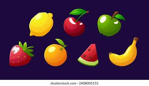 Set of different fruits and berries flat style, vector illustration isolated on dark blue background. Decorative design elements for online games collection, gambling and casino
