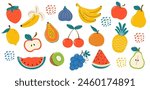 A set of different fruits and berries, hand drawn. Isolated on a white background.Watermelon, papaya,tangerine. pear, kiwi, banana, strawberry, pineapple, apple, fig, cherry, grape.Vector illustration