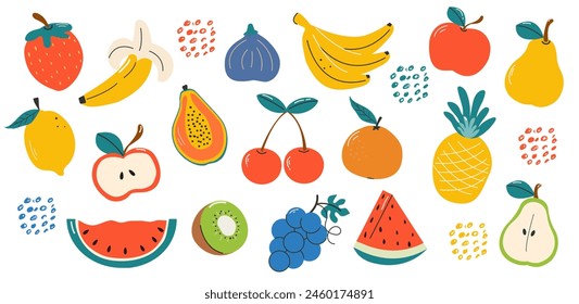 A set of different fruits and berries, hand drawn. Isolated on a white background.Watermelon, papaya,tangerine. pear, kiwi, banana, strawberry, pineapple, apple, fig, cherry, grape.Vector illustration