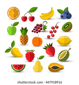 Set of different fruits and berries icons isolated on a white background. Flat style icons