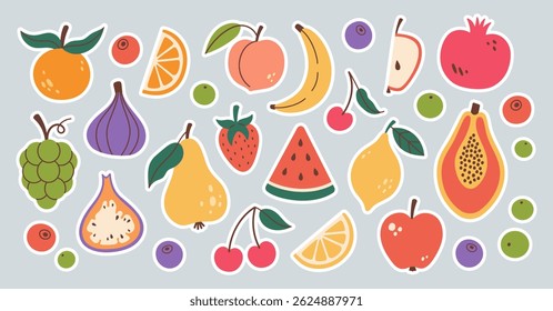 Set of different fruits and berries stickers. Collection of organic vitamins and healthy nutrition. Watermelon, banana, peach, apple, cherry, pear, grapes, lemon. Flat design, doodle style. Vector