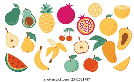 Set of different fruits and berries. tropical organic eco nutrition collection. Watermelon, pineapple, pomegranate, pear, apple, banana, orange, mango, avocado, cherry. Simple Flat Vector illustration