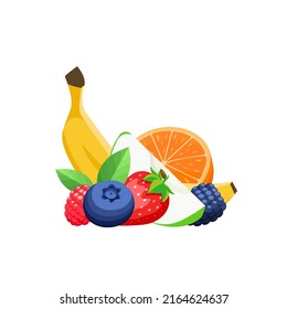 Set of different fruits in cartoon flat style. Collection of fruits and berries on white background