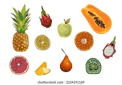 Set of different fruits. Collection of organic vitamins and healthy nutrition. Orange, pineapple, dragon fruit, lemon, papaya and kiwi. Colored flat vector illustration isolated on white background.