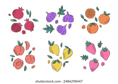 Set of different fruits . Collection of organic vitamins and healthy nutrition. pomegranate, lemon,strawberry,orange,fig,appricot peach
