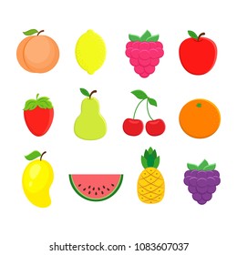 Set of different fruits in flat style. Peach, lemon, mango, watermelon, cherry, apple, pineapple, raspberry, strawberry, orange.  Vector illustration isolated on white background.