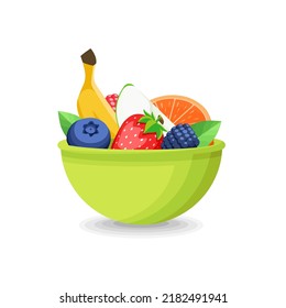 Set of different fruits in green bowl cartoon vector illustration. A handful of fruits and berries on white background. Banana, strawberry, raspberry, apple.