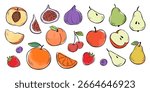 Set of different fruits isolated on white background. Vector line illustration with watercolor stains. Apples, pears, figs, cherry, strawberries, orange, peach and blueberries.