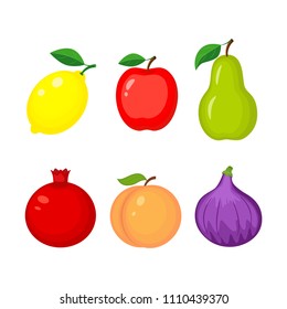 Set of different fruits. Lemon, apple, pear, pomegranate, peach, figs vector illustration isolated on white background