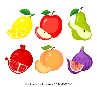 Set of different fruits. Lemon, apple, pear, pomegranate, peach, figs vector illustration isolated on white background