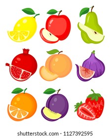 Set of different fruits. Lemon, apple, pear, pomegranate, peach, figs, orange, plum, strawberry vector illustration isolated on white background