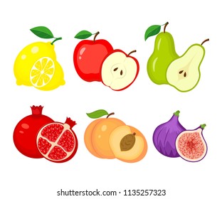 Set of different fruits. Lemon, apple, pear, pomegranate, peach, figs vector illustration isolated on white background