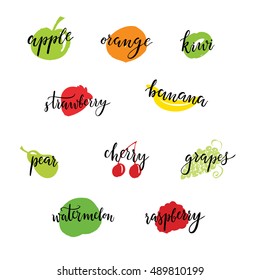 Set of different fruits with letters: cherry, watermelon, strawberry, grapes, orange, kiwi, raspberry, pear, banana, apple. Hand drawn lettering. Vector typography design isolated on white background.